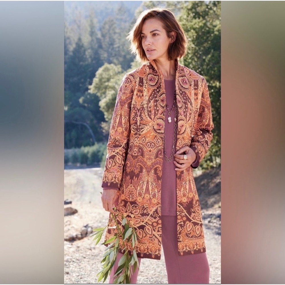 Soft Surroundings Paisley Topper Blazer Coat Burgundy Orange XL Faux Suede Boho
